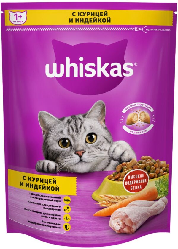 Сухой корм WHISKAS для кошек «Подушечки с паштетом. Ассорти с курицей и индейкой»